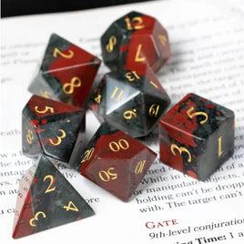 Bloodstone Engraved with Gold Gemstone Polyhedral Dice Set (7)