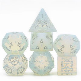 Opalite and Flourish Engraved with Silver Gemstone Polyhedral Dice Set (7)