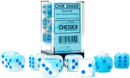 Gemini Pearl Turquoise-White/Blue Luminary 16mm D6 Dice Set (12)