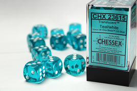 Translucent 16mm D6 Teal/White Dice Set (12)