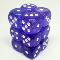 Borealis Purple/ White Luminary 16mm d6 Dice Set (12)