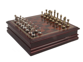 12" Wooden Chess Box with Metal Chess Pieces